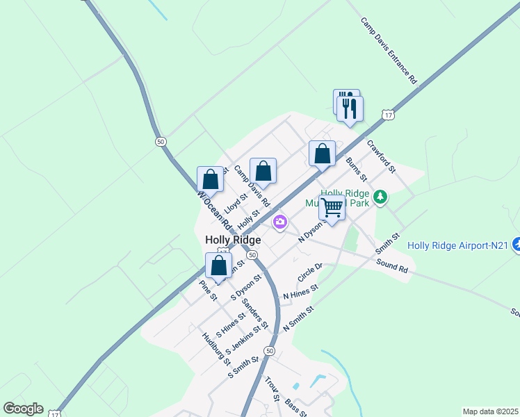 map of restaurants, bars, coffee shops, grocery stores, and more near in Holly Ridge