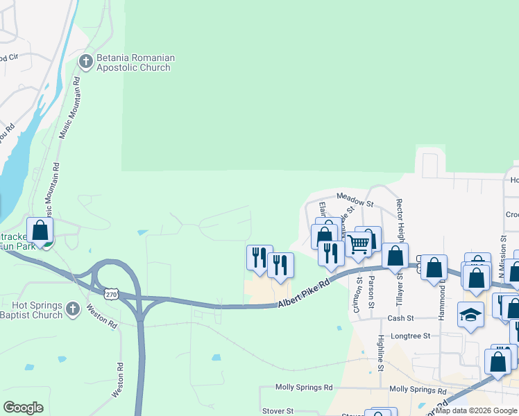 map of restaurants, bars, coffee shops, grocery stores, and more near 112 Bullion Heights Court in Hot Springs