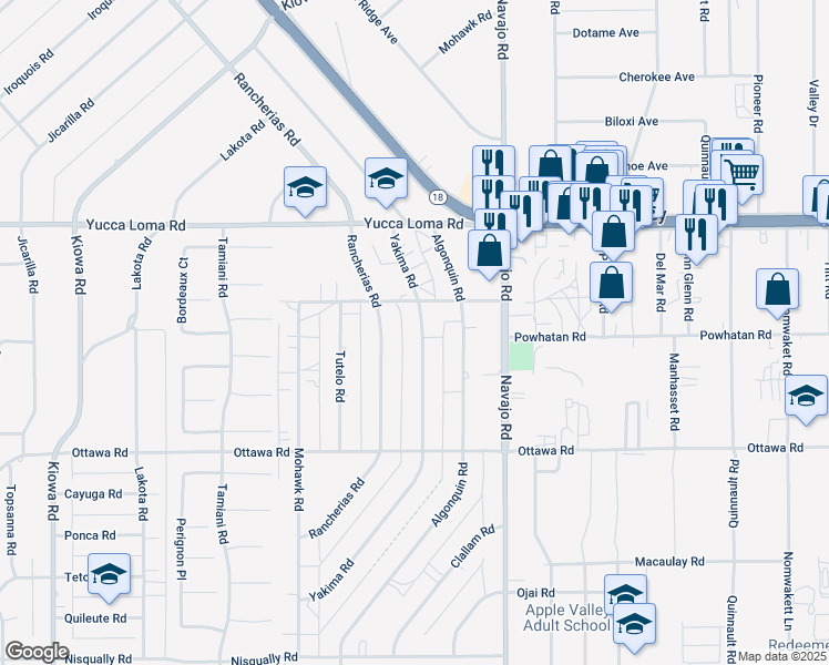 map of restaurants, bars, coffee shops, grocery stores, and more near 13508 Yakima Road in Apple Valley