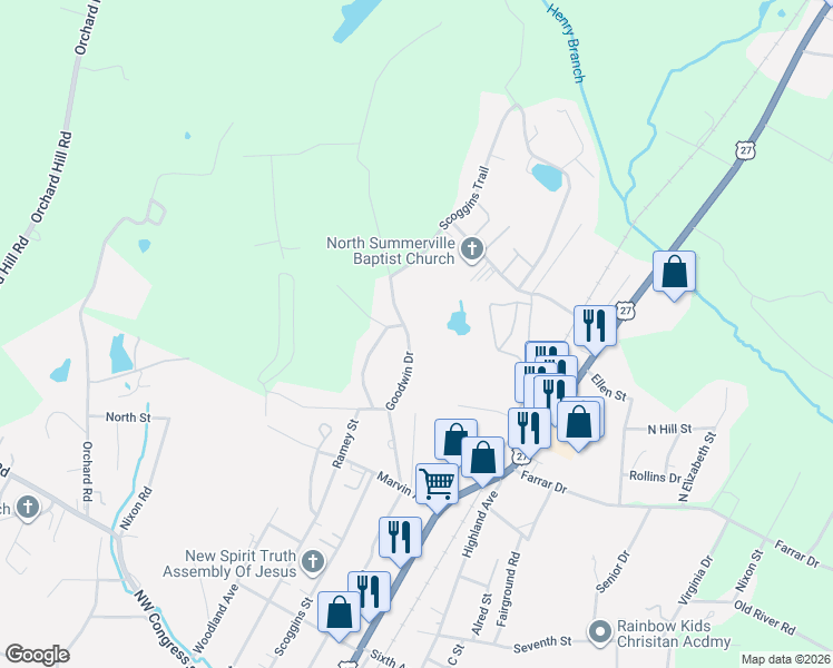 map of restaurants, bars, coffee shops, grocery stores, and more near 334 Goodwin Drive in Summerville