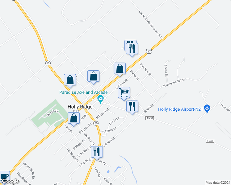 map of restaurants, bars, coffee shops, grocery stores, and more near 316 North Green Street in Holly Ridge