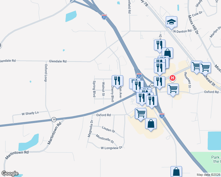map of restaurants, bars, coffee shops, grocery stores, and more near Manchester St in New Albany