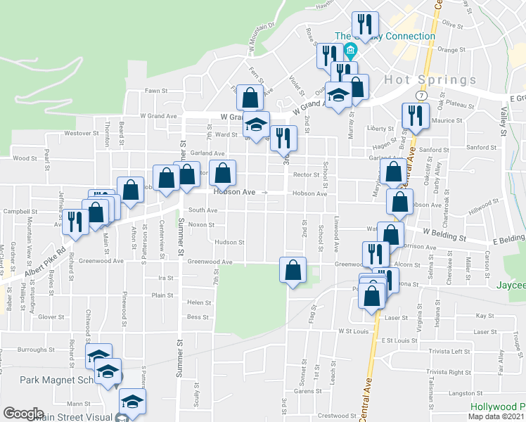 map of restaurants, bars, coffee shops, grocery stores, and more near 108 Donnie Court in Hot Springs
