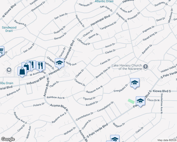 map of restaurants, bars, coffee shops, grocery stores, and more near 671 Wayside Drive in Lake Havasu City