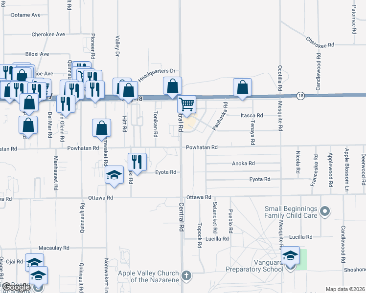 map of restaurants, bars, coffee shops, grocery stores, and more near 13505 Central Road in Apple Valley