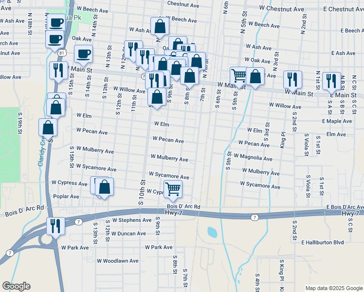 map of restaurants, bars, coffee shops, grocery stores, and more near 409 South 8th Street in Duncan