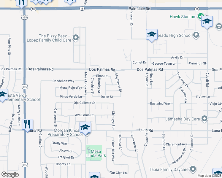 map of restaurants, bars, coffee shops, grocery stores, and more near 12624 Flintridge Street in Victorville
