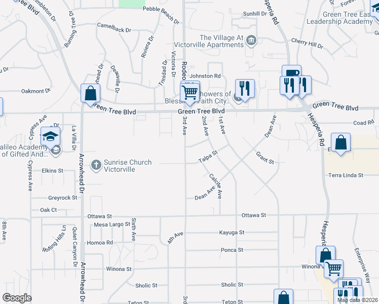 map of restaurants, bars, coffee shops, grocery stores, and more near 16554 Talpa Street in Victorville