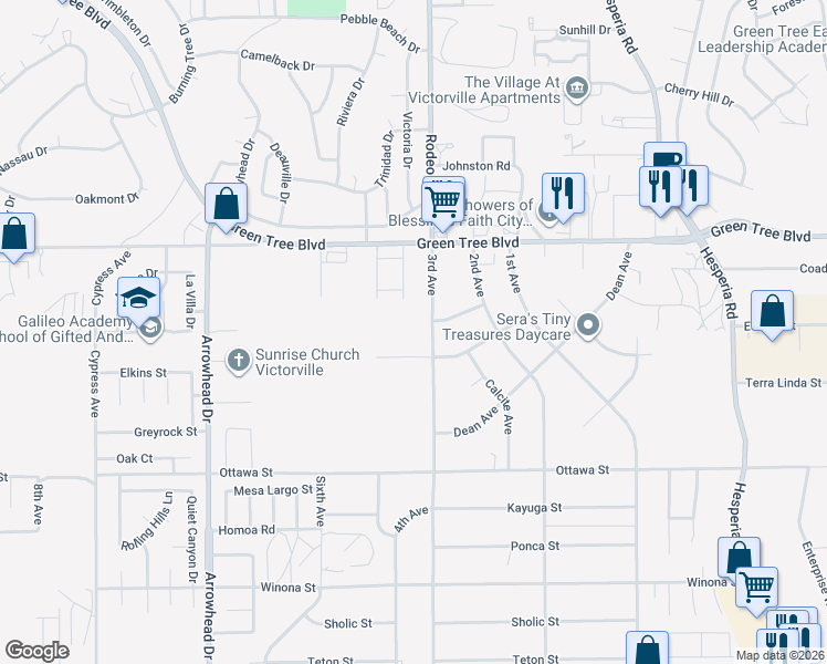 map of restaurants, bars, coffee shops, grocery stores, and more near 13520 3rd Avenue in Victorville