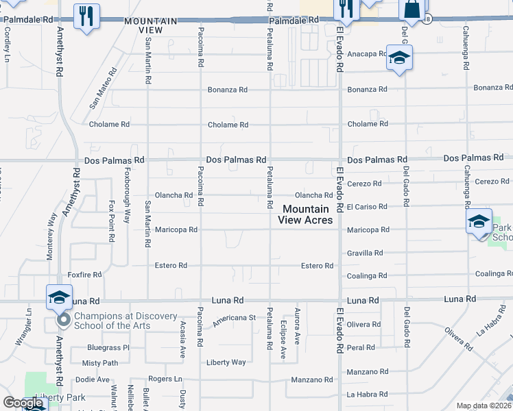 map of restaurants, bars, coffee shops, grocery stores, and more near 14265 Olancha Road in Victorville