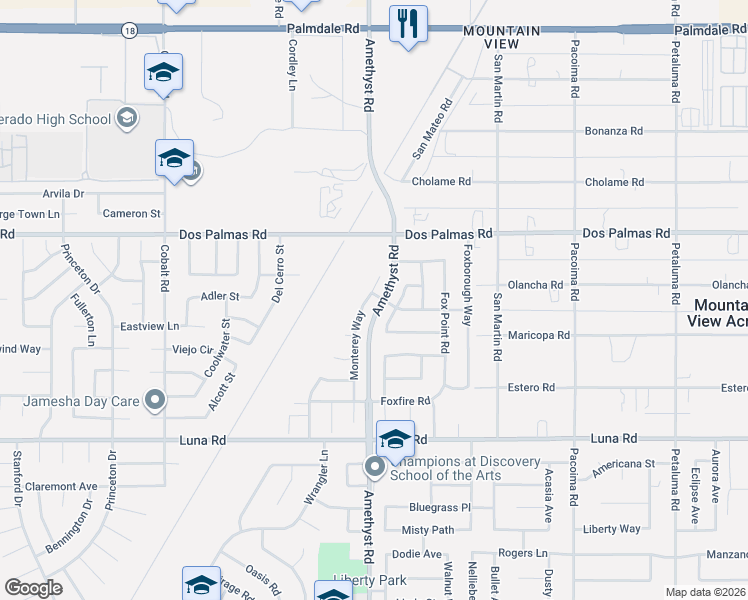 map of restaurants, bars, coffee shops, grocery stores, and more near 13561 Monterey Way in Victorville