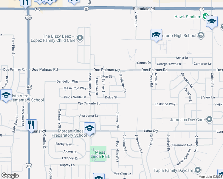 map of restaurants, bars, coffee shops, grocery stores, and more near 12624 Flintridge Street in Victorville