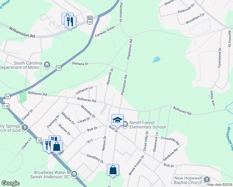 map of restaurants, bars, coffee shops, grocery stores, and more near 208 Collingwood Drive in Anderson