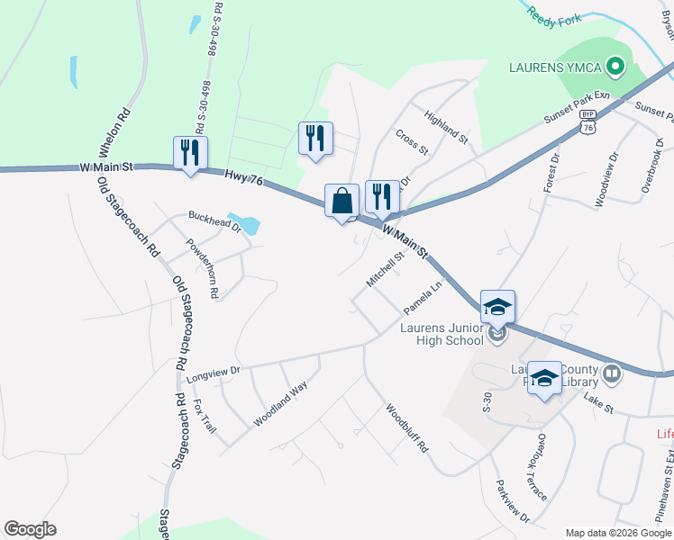 map of restaurants, bars, coffee shops, grocery stores, and more near 302 Ashley Lane in Laurens