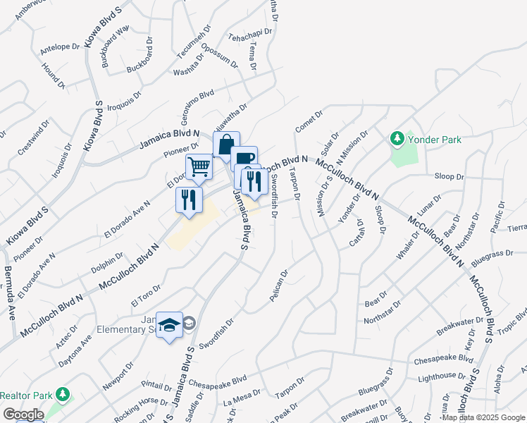 map of restaurants, bars, coffee shops, grocery stores, and more near 3616 El Toro Drive in Lake Havasu City
