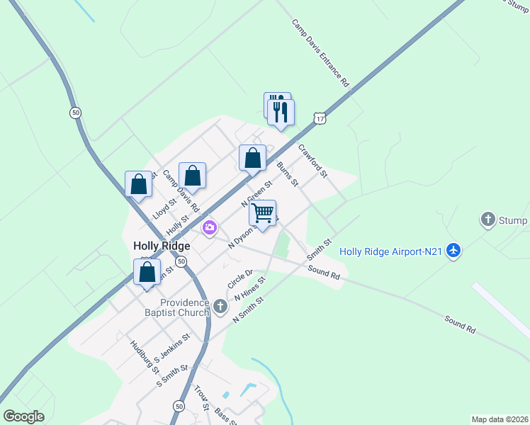 map of restaurants, bars, coffee shops, grocery stores, and more near 301 Kraft Street in Holly Ridge