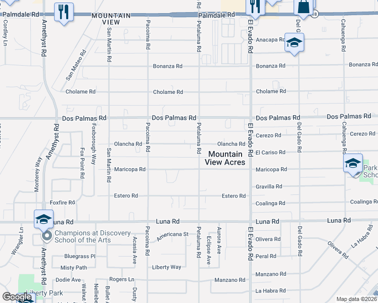 map of restaurants, bars, coffee shops, grocery stores, and more near 14265 Olancha Road in Victorville