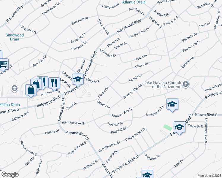 map of restaurants, bars, coffee shops, grocery stores, and more near 671 Wayside Drive in Lake Havasu City