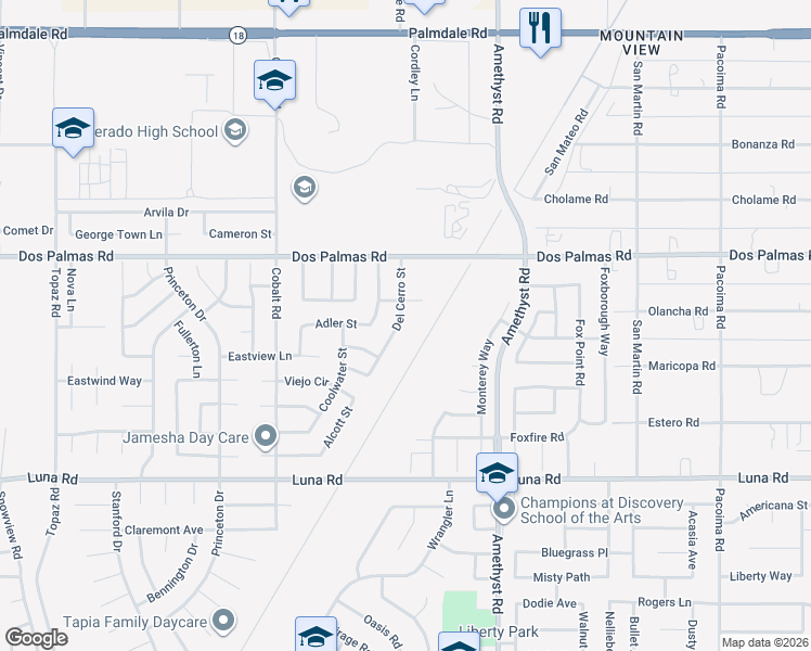 map of restaurants, bars, coffee shops, grocery stores, and more near 13587 Del Cerro Street in Victorville