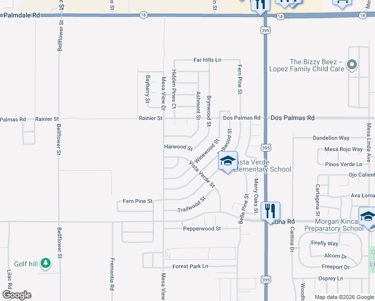map of restaurants, bars, coffee shops, grocery stores, and more near 11801 Harwood Street in Victorville