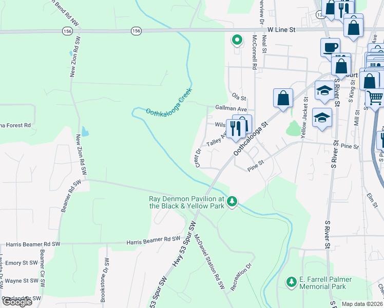 map of restaurants, bars, coffee shops, grocery stores, and more near 311 Crest Drive in Calhoun