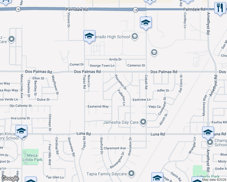 map of restaurants, bars, coffee shops, grocery stores, and more near 13048 Evanston Street in Victorville