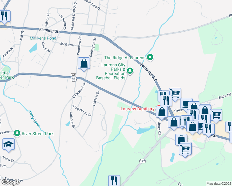 map of restaurants, bars, coffee shops, grocery stores, and more near 749 East Main Street in Laurens
