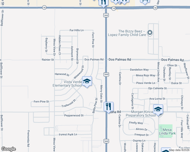 map of restaurants, bars, coffee shops, grocery stores, and more near 13564 Sylvan Oaks Road in Victorville