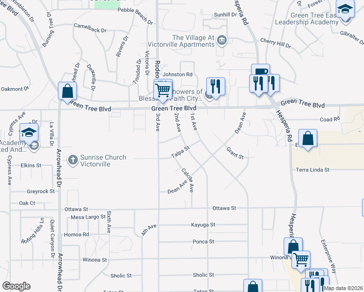 map of restaurants, bars, coffee shops, grocery stores, and more near 13554 2nd Avenue in Victorville
