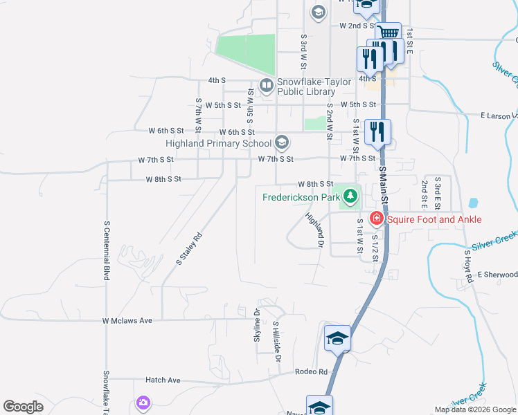 map of restaurants, bars, coffee shops, grocery stores, and more near 879 Sunset Drive in Snowflake