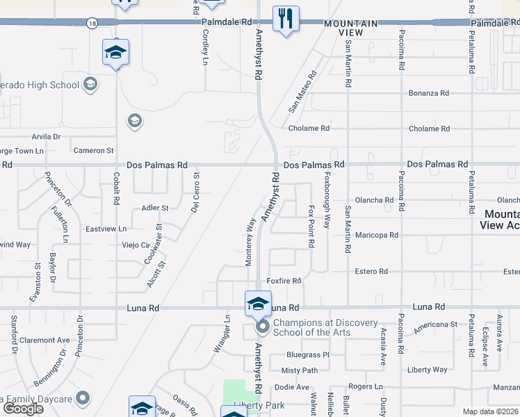 map of restaurants, bars, coffee shops, grocery stores, and more near 13561 Monterey Way in Victorville