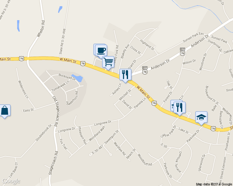 map of restaurants, bars, coffee shops, grocery stores, and more near 301 Ashley Lane in Laurens