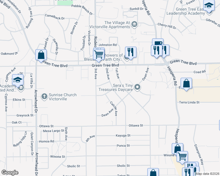 map of restaurants, bars, coffee shops, grocery stores, and more near 13554 2nd Avenue in Victorville
