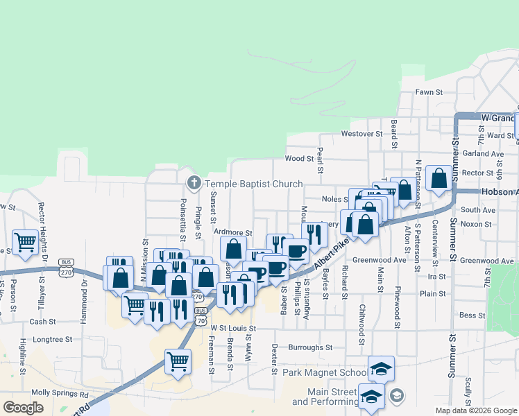 map of restaurants, bars, coffee shops, grocery stores, and more near 300 Cooper Street in Hot Springs