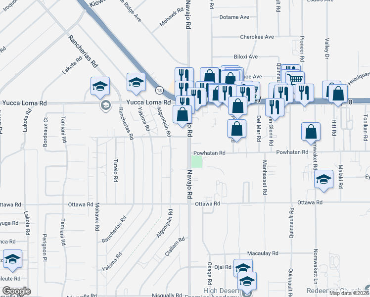 map of restaurants, bars, coffee shops, grocery stores, and more near Navajo Road in Apple Valley