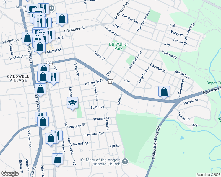 map of restaurants, bars, coffee shops, grocery stores, and more near 800 East River Street in Anderson