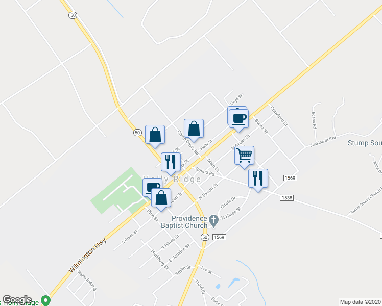 map of restaurants, bars, coffee shops, grocery stores, and more near 123 Holly Street in Holly Ridge