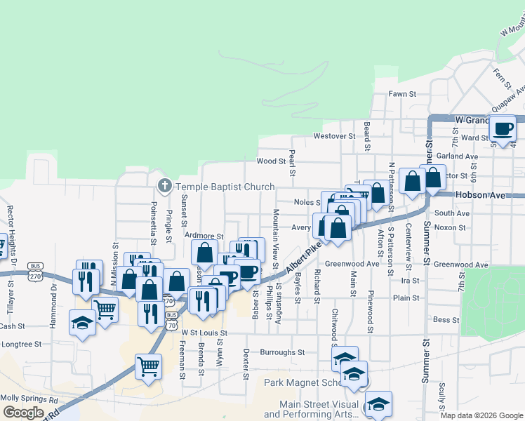 map of restaurants, bars, coffee shops, grocery stores, and more near 215 Gardner Street in Hot Springs