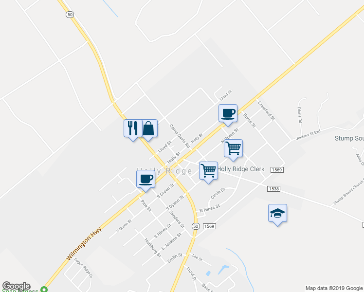 map of restaurants, bars, coffee shops, grocery stores, and more near 121 Holly Street in Holly Ridge