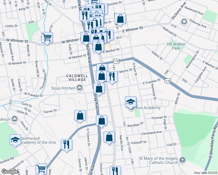 map of restaurants, bars, coffee shops, grocery stores, and more near 923 South Main Street in Anderson