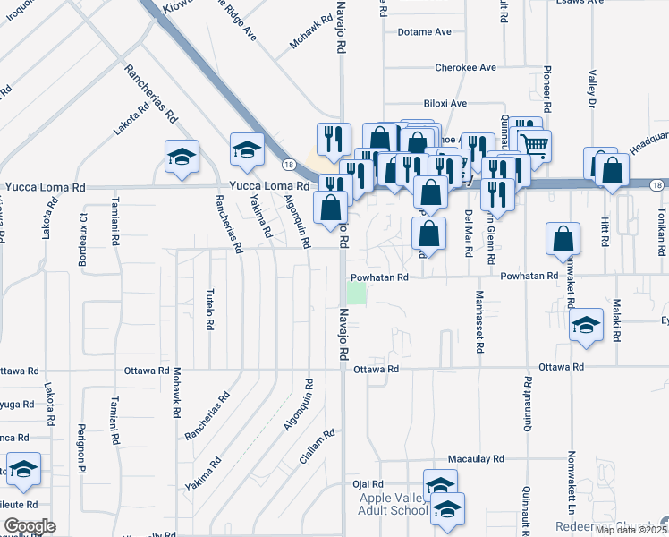 map of restaurants, bars, coffee shops, grocery stores, and more near Navajo Road in Apple Valley