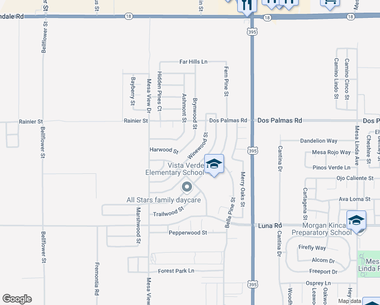 map of restaurants, bars, coffee shops, grocery stores, and more near 13568 Winewood Street in Victorville