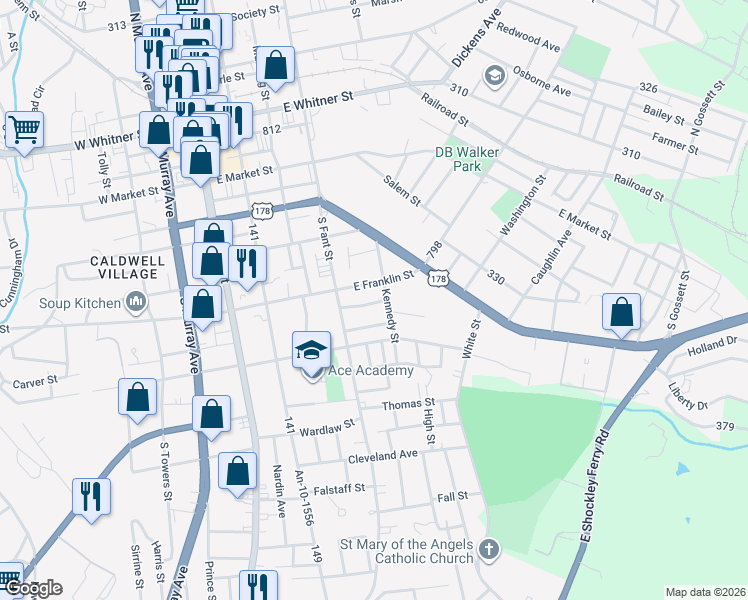 map of restaurants, bars, coffee shops, grocery stores, and more near 419 Douglas Street in Anderson