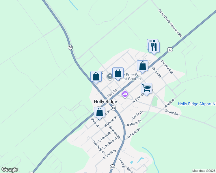 map of restaurants, bars, coffee shops, grocery stores, and more near 200 Flag Street in Holly Ridge