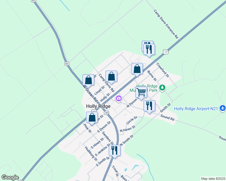 map of restaurants, bars, coffee shops, grocery stores, and more near 200 Camp Davis Road in Holly Ridge