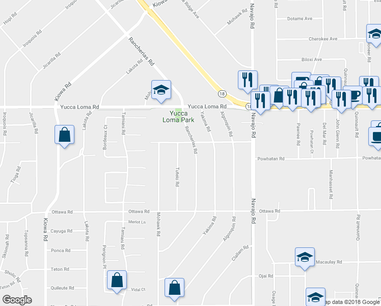 map of restaurants, bars, coffee shops, grocery stores, and more near 13491 Rancherias Road in Apple Valley