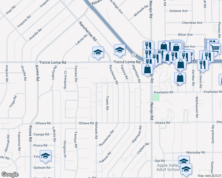 map of restaurants, bars, coffee shops, grocery stores, and more near 13489 Tutelo Road in Apple Valley