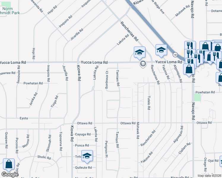 map of restaurants, bars, coffee shops, grocery stores, and more near 21153 Cabernet Lane in Apple Valley
