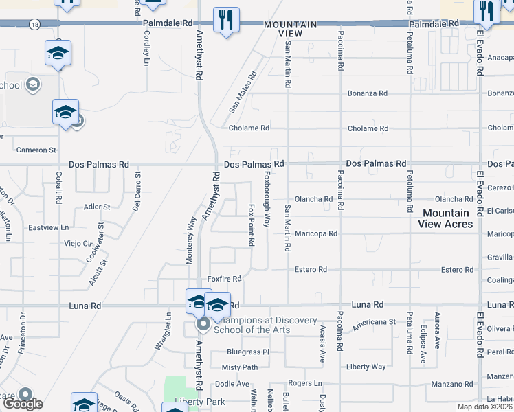 map of restaurants, bars, coffee shops, grocery stores, and more near 13568 Foxborough Way in Victorville