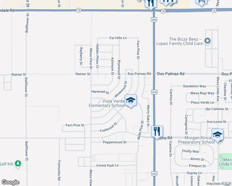 map of restaurants, bars, coffee shops, grocery stores, and more near 13568 Winewood Street in Victorville